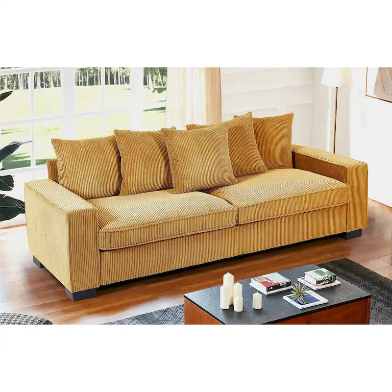 88-Inch Corduroy Track Arm Sofa with 5 Toss Pillows, Seats 3