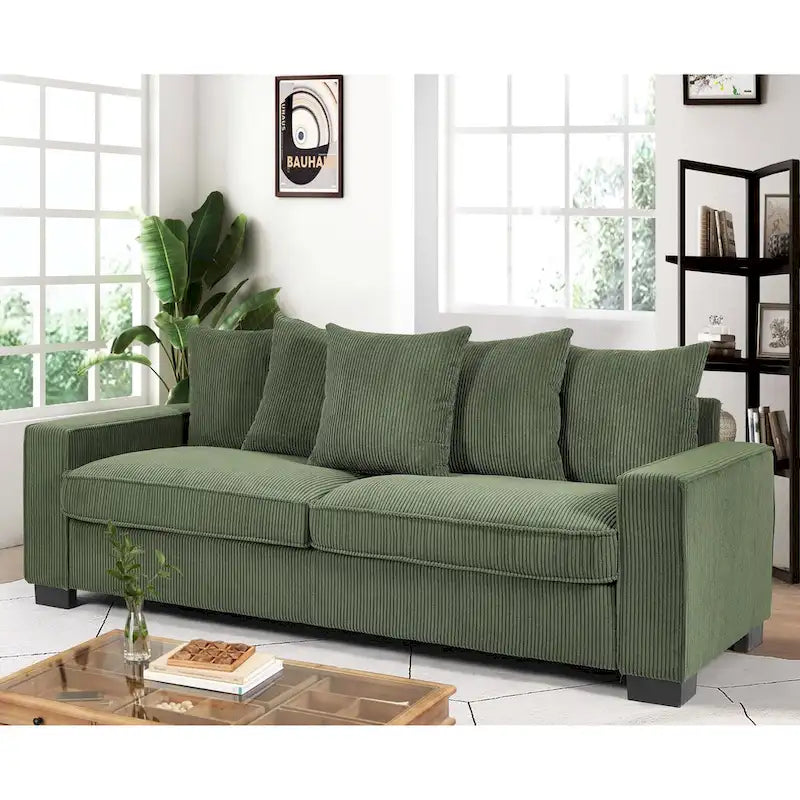 88-Inch Corduroy Track Arm Sofa with 5 Toss Pillows, Seats 3