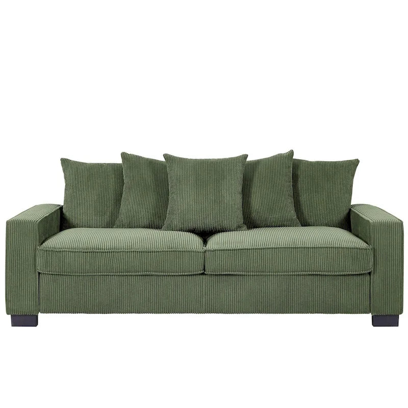 88-Inch Corduroy Track Arm Sofa with 5 Toss Pillows, Seats 3