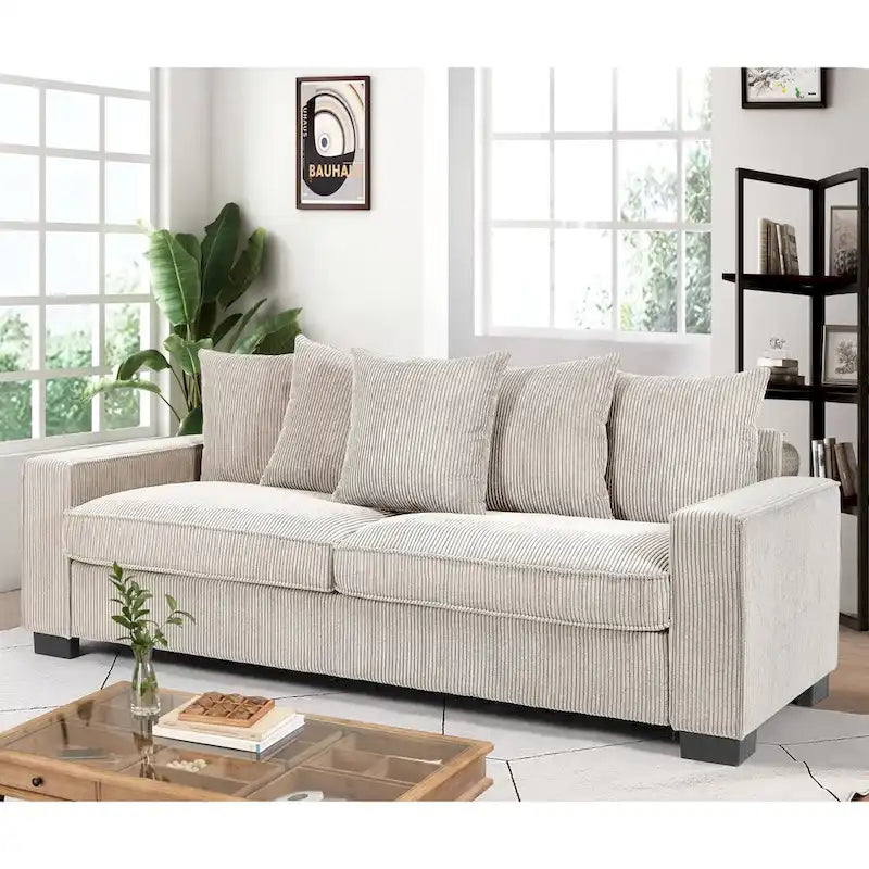 88-Inch Corduroy Track Arm Sofa with 5 Toss Pillows, Seats 3