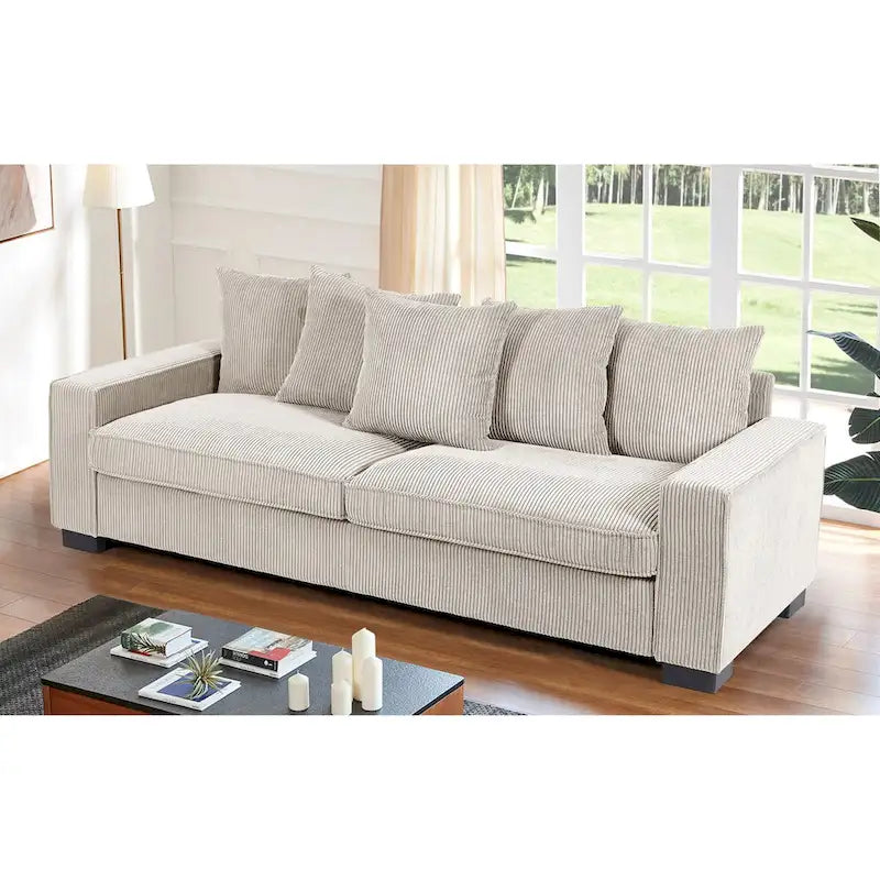 88-Inch Corduroy Track Arm Sofa with 5 Toss Pillows, Seats 3