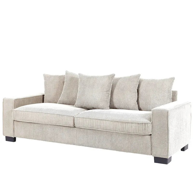 88-Inch Corduroy Track Arm Sofa with 5 Toss Pillows, Seats 3