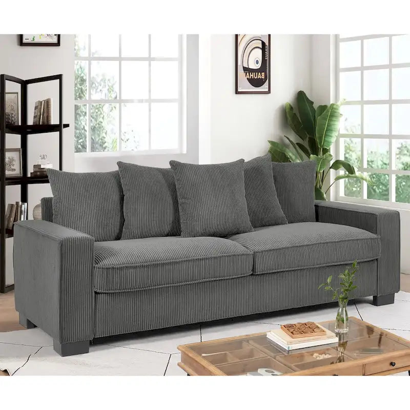 88-Inch Corduroy Track Arm Sofa with 5 Toss Pillows, Seats 3