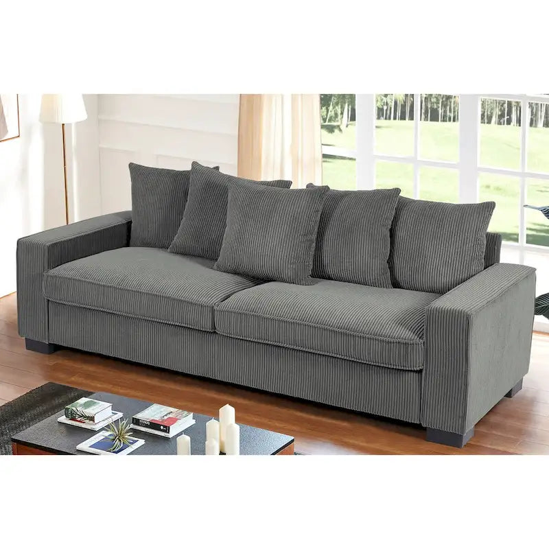 88-Inch Corduroy Track Arm Sofa with 5 Toss Pillows, Seats 3