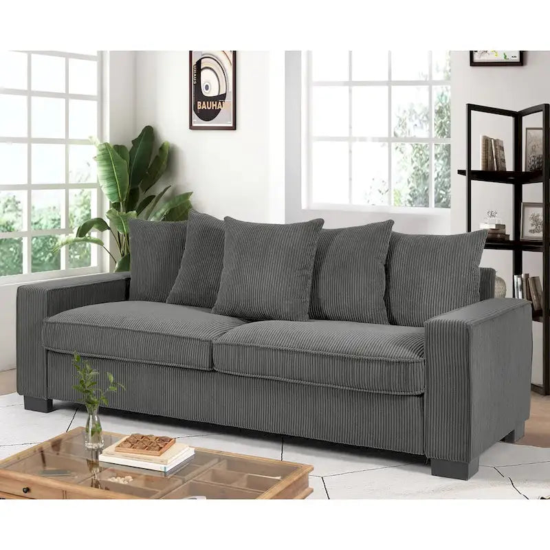 88-Inch Corduroy Track Arm Sofa with 5 Toss Pillows, Seats 3