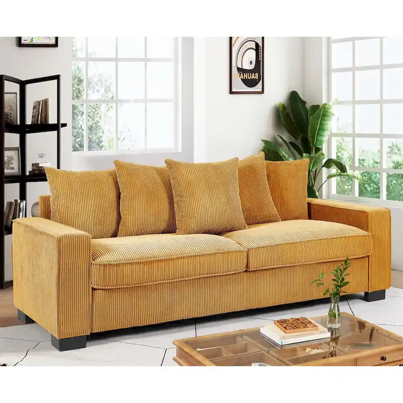 88-Inch Corduroy Track Arm Sofa with 5 Toss Pillows, Seats 3