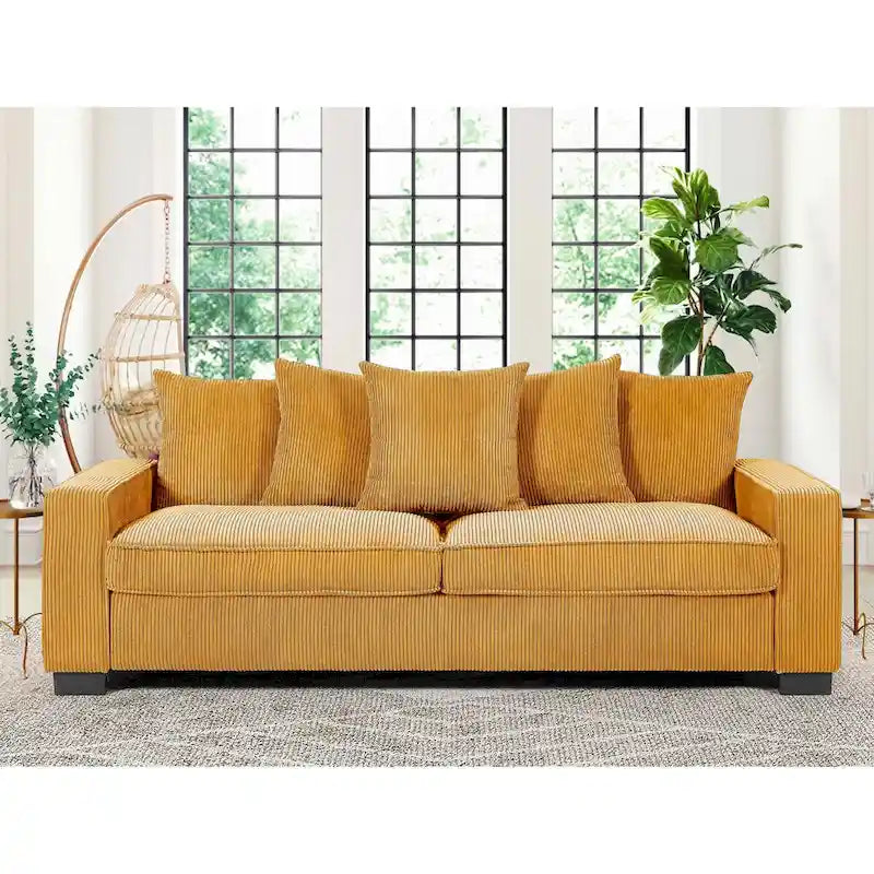 88-Inch Corduroy Track Arm Sofa with 5 Toss Pillows, Seats 3