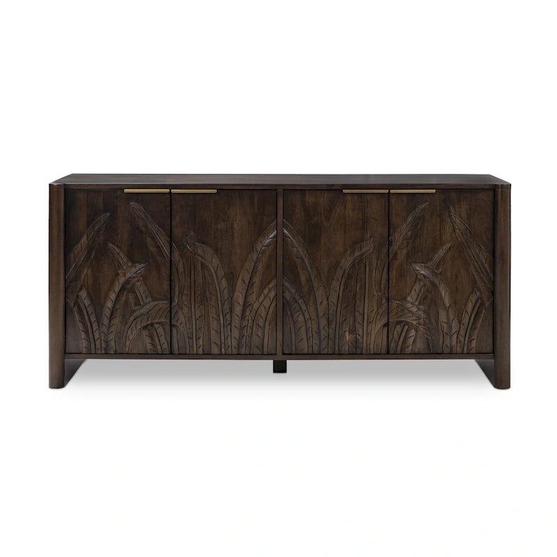 Hand-Carved Mango Wood Sideboard with 4 Doors and Adjustable Shelves