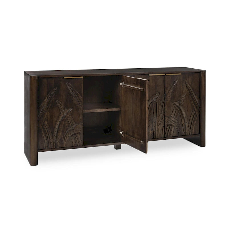 Hand-Carved Mango Wood Sideboard with 4 Doors and Adjustable Shelves