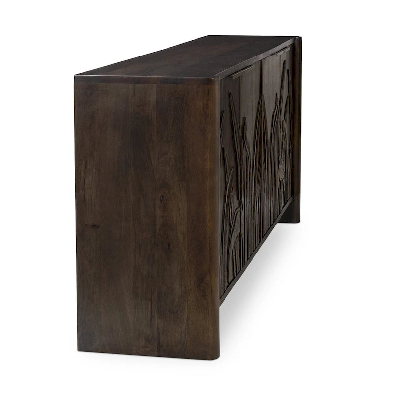 Hand-Carved Mango Wood Sideboard with 4 Doors and Adjustable Shelves