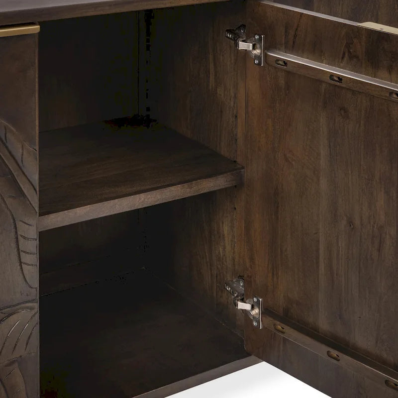 Hand-Carved Mango Wood Sideboard with 4 Doors and Adjustable Shelves