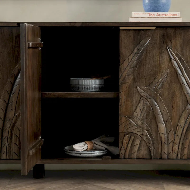 Hand-Carved Mango Wood Sideboard with 4 Doors and Adjustable Shelves