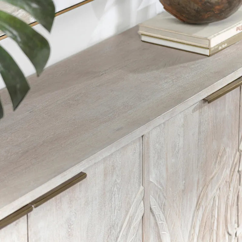Hand-Carved Mango Wood Sideboard with 4 Doors and Adjustable Shelves