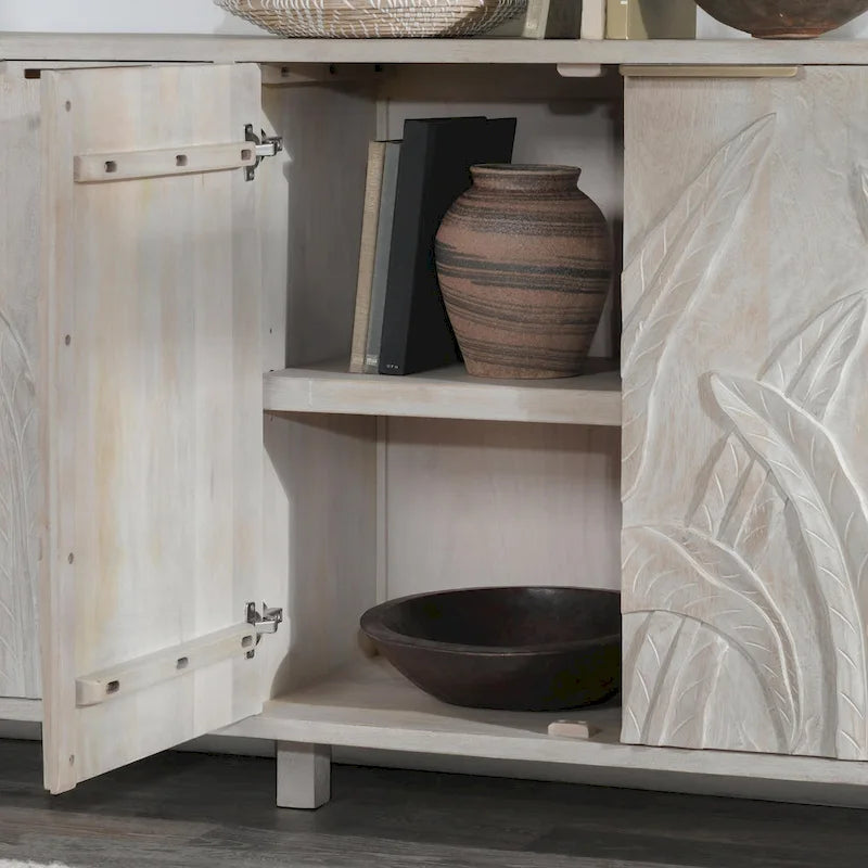 Hand-Carved Mango Wood Sideboard with 4 Doors and Adjustable Shelves