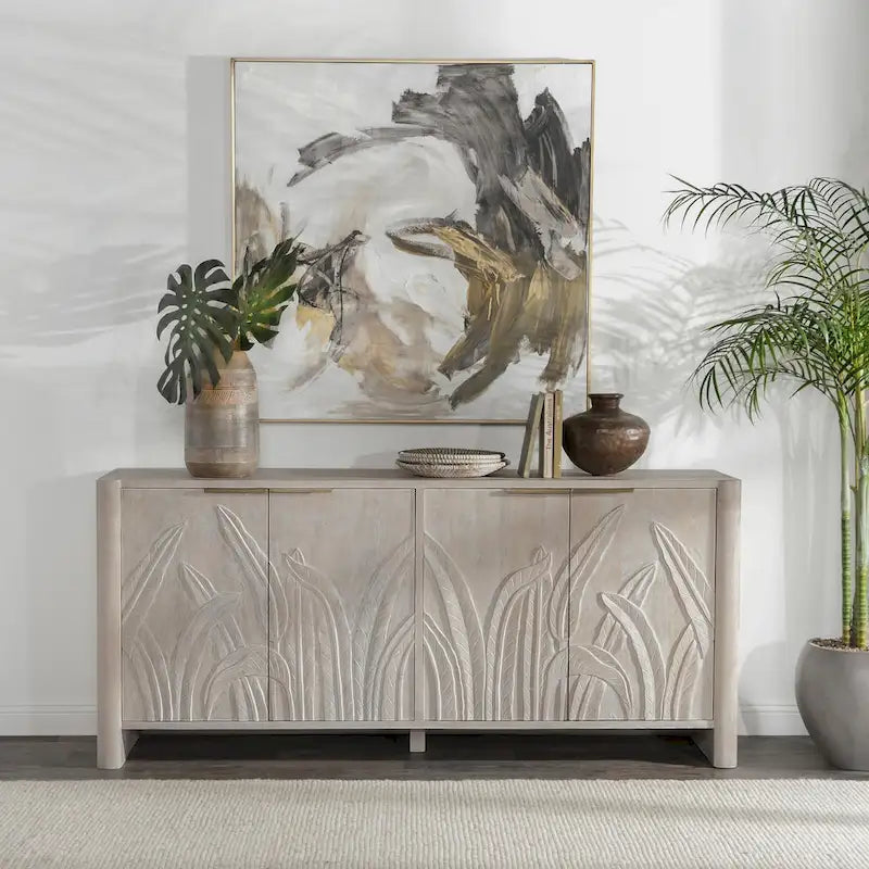 Hand-Carved Mango Wood Sideboard with 4 Doors and Adjustable Shelves