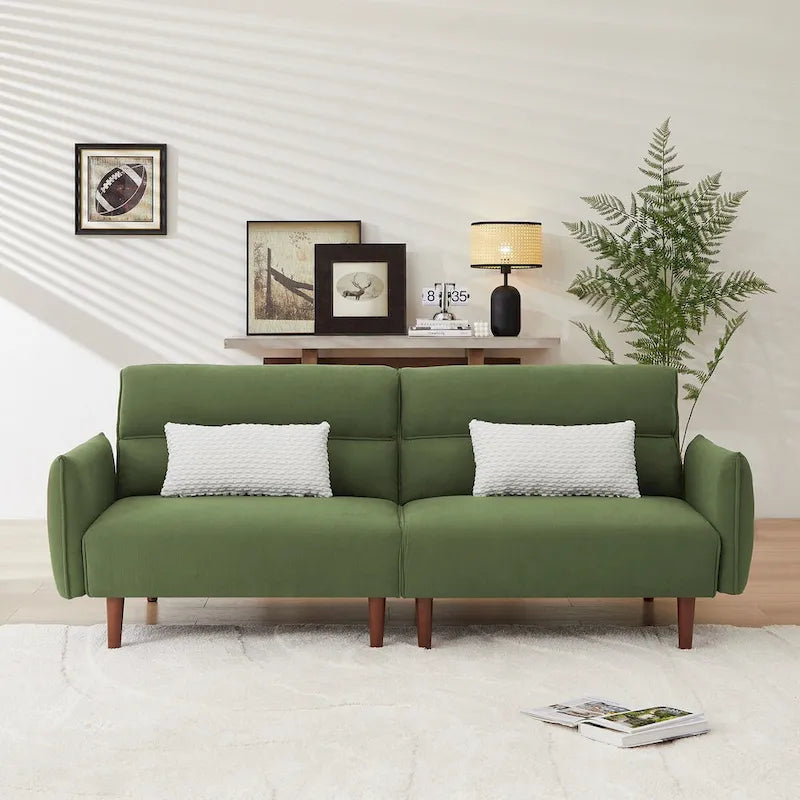 Convertible Futon Sofa Bed with Corduroy Fabric, Wooden Legs and 2 Pillows