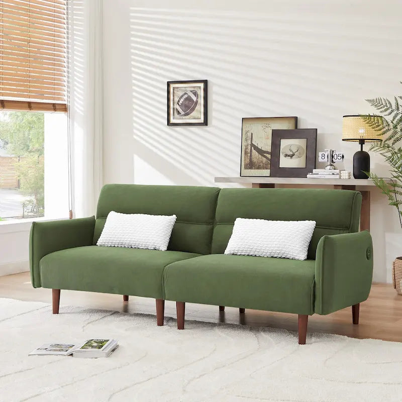 Convertible Futon Sofa Bed with Corduroy Fabric, Wooden Legs and 2 Pillows