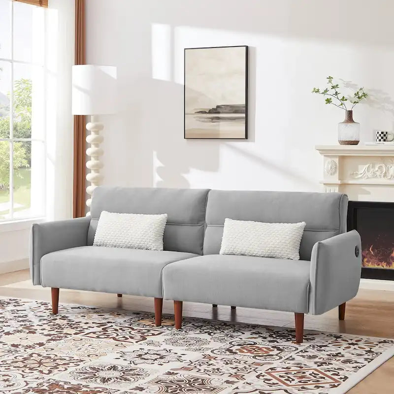 Convertible Futon Sofa Bed with Corduroy Fabric, Wooden Legs and 2 Pillows