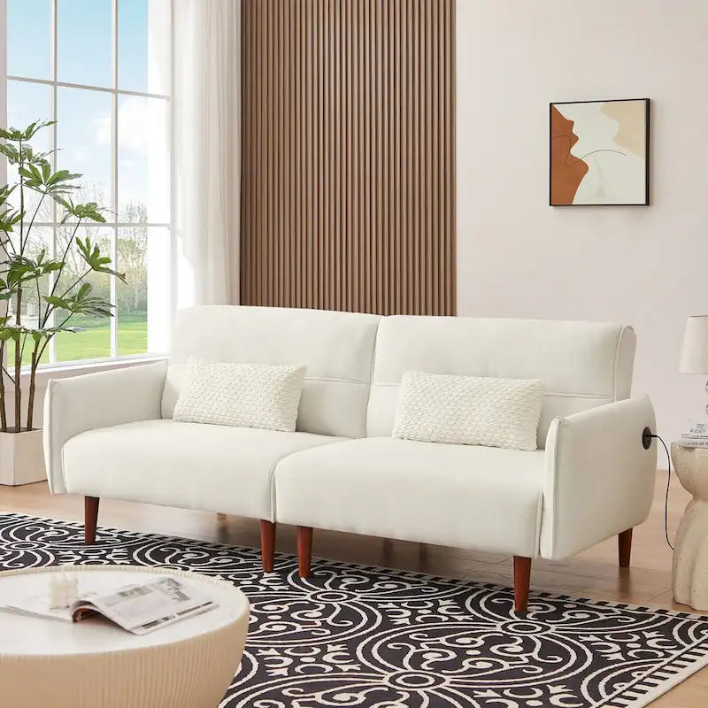 Convertible Futon Sofa Bed with Corduroy Fabric, Wooden Legs and 2 Pillows