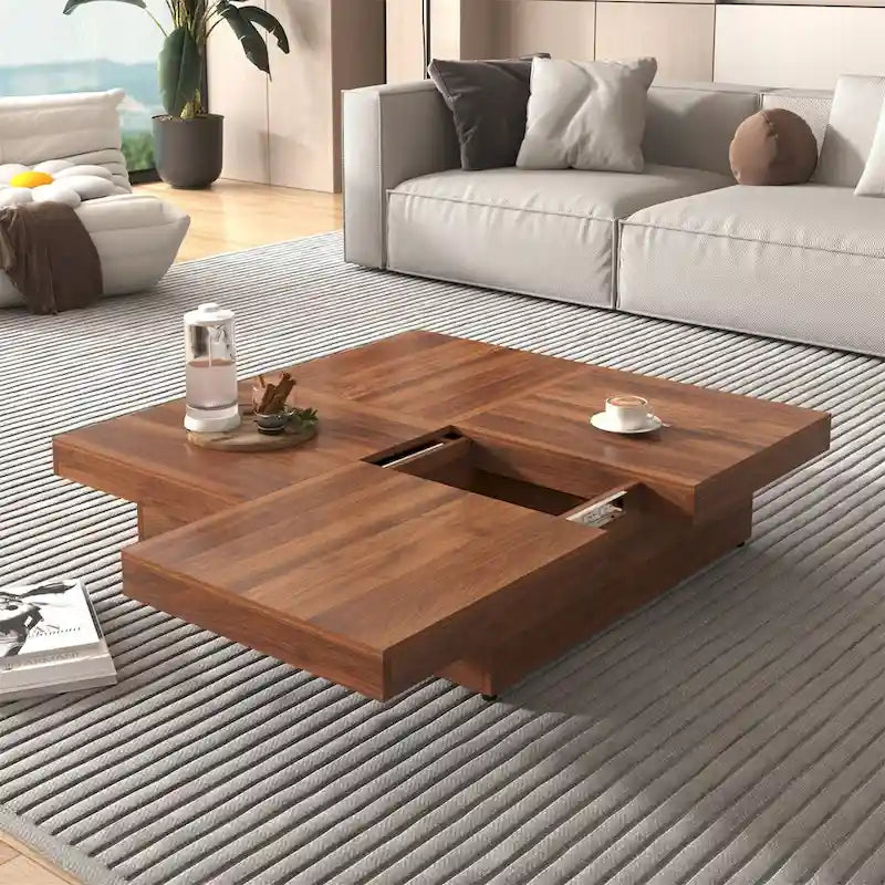 Quadratischer Couchtisch mit Marmorimitat, verschiebbarer Tischplatte und verstecktem Stauraum