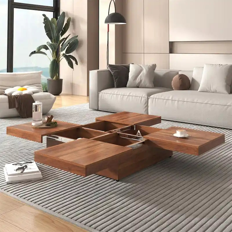 Quadratischer Couchtisch mit Marmorimitat, verschiebbarer Tischplatte und verstecktem Stauraum