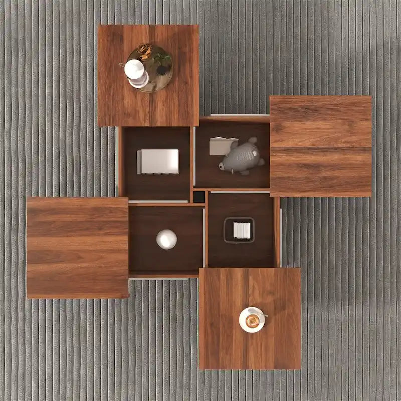 Quadratischer Couchtisch mit Marmorimitat, verschiebbarer Tischplatte und verstecktem Stauraum