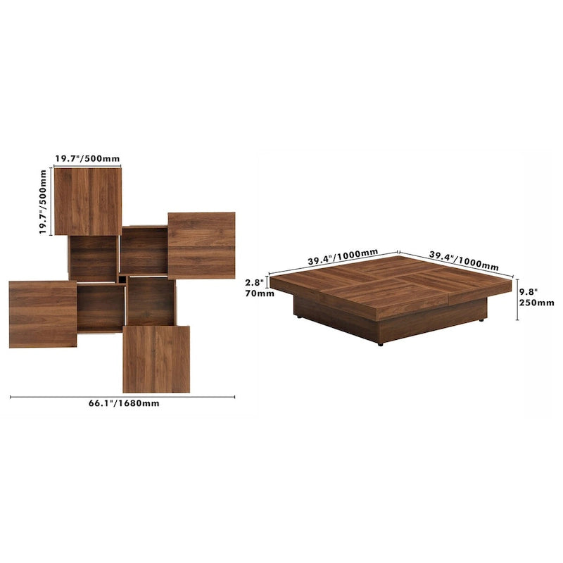 Quadratischer Couchtisch mit Marmorimitat, verschiebbarer Tischplatte und verstecktem Stauraum