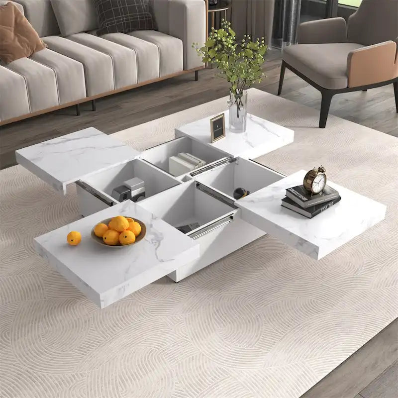 Quadratischer Couchtisch mit Marmorimitat, verschiebbarer Tischplatte und verstecktem Stauraum