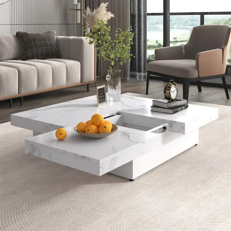 Quadratischer Couchtisch mit Marmorimitat, verschiebbarer Tischplatte und verstecktem Stauraum