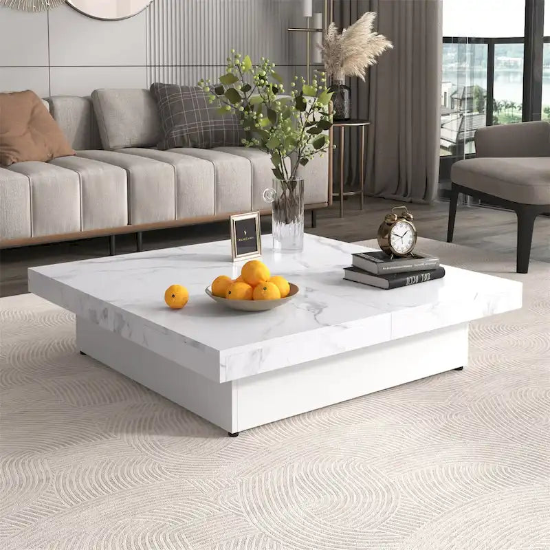Quadratischer Couchtisch mit Marmorimitat, verschiebbarer Tischplatte und verstecktem Stauraum