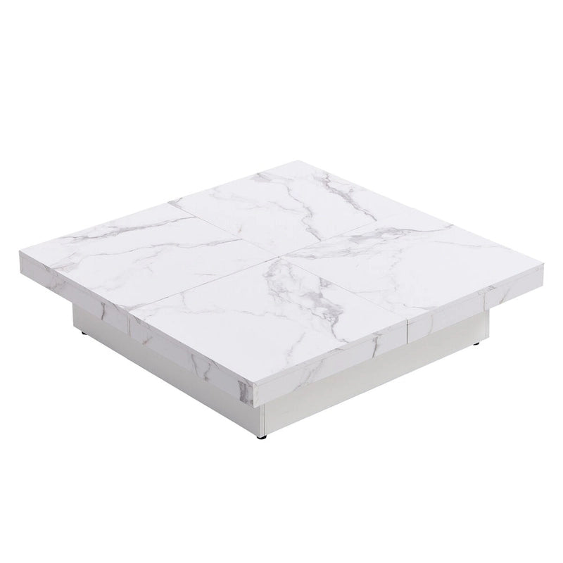 Quadratischer Couchtisch mit Marmorimitat, verschiebbarer Tischplatte und verstecktem Stauraum