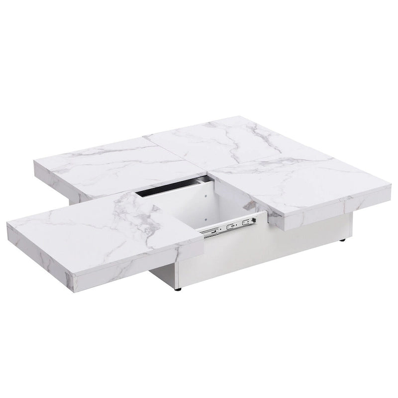 Quadratischer Couchtisch mit Marmorimitat, verschiebbarer Tischplatte und verstecktem Stauraum