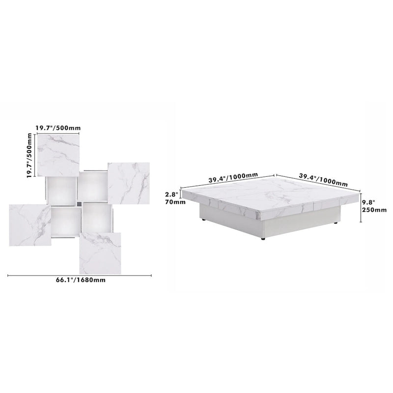 Quadratischer Couchtisch mit Marmorimitat, verschiebbarer Tischplatte und verstecktem Stauraum