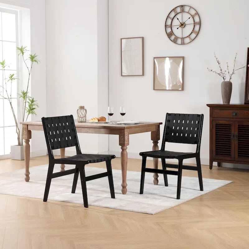 Leather Woven Dining Chair with Solid Wood Legs for Dining Room and Living Room