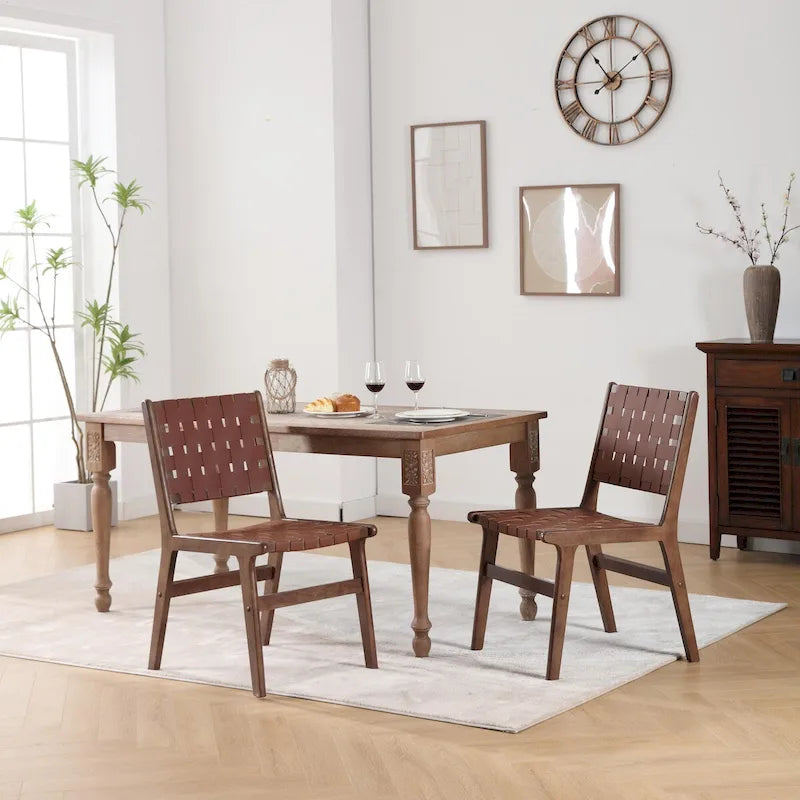 Leather Woven Dining Chair with Solid Wood Legs for Dining Room and Living Room