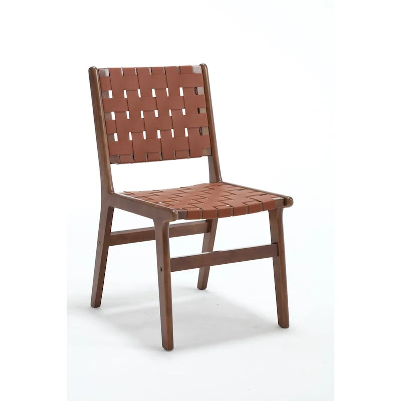 Leather Woven Dining Chair with Solid Wood Legs for Dining Room and Living Room
