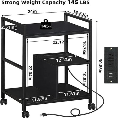 3-Tier Printer Stand with Charging Station and USB Ports