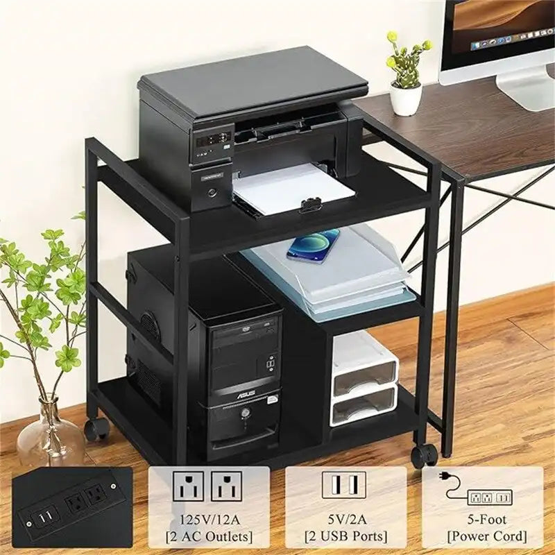 3-Tier Printer Stand with Charging Station and USB Ports