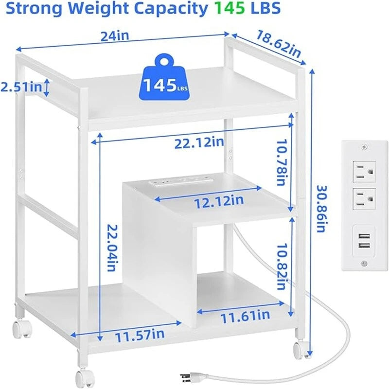 3-Tier Printer Stand with Charging Station and USB Ports