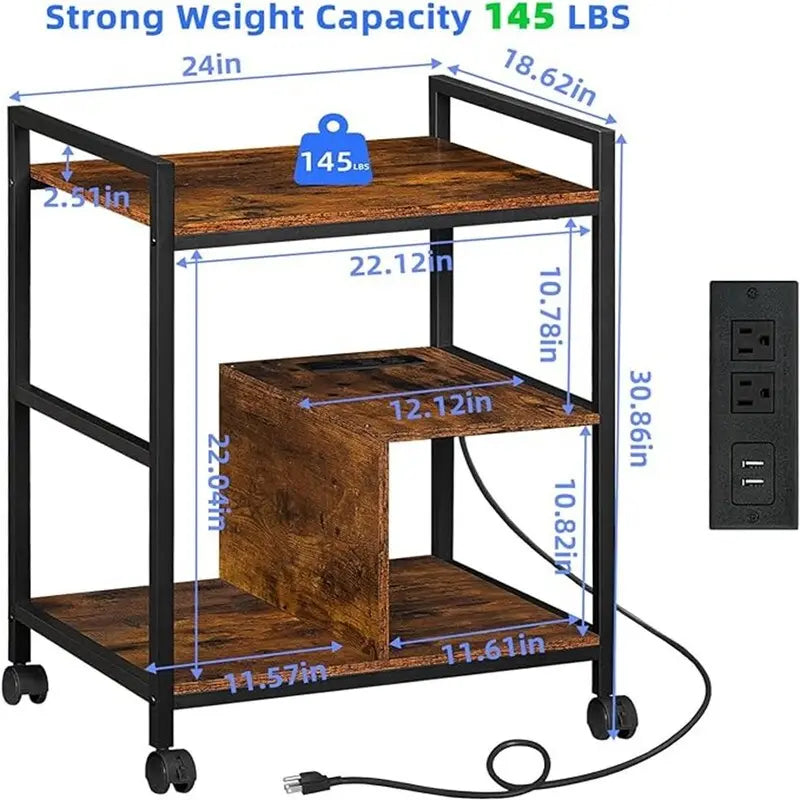 3-Tier Printer Stand with Charging Station and USB Ports