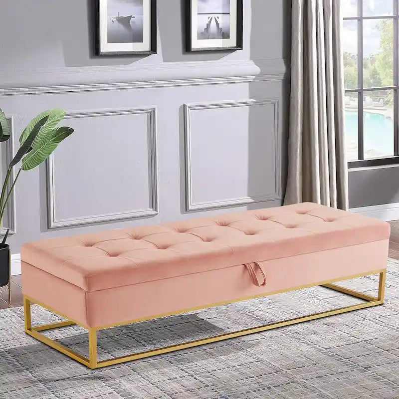 Moderner Samt-Sitzhocker mit Stauraum, aufklappbarer Sitzfläche und Metallgestell