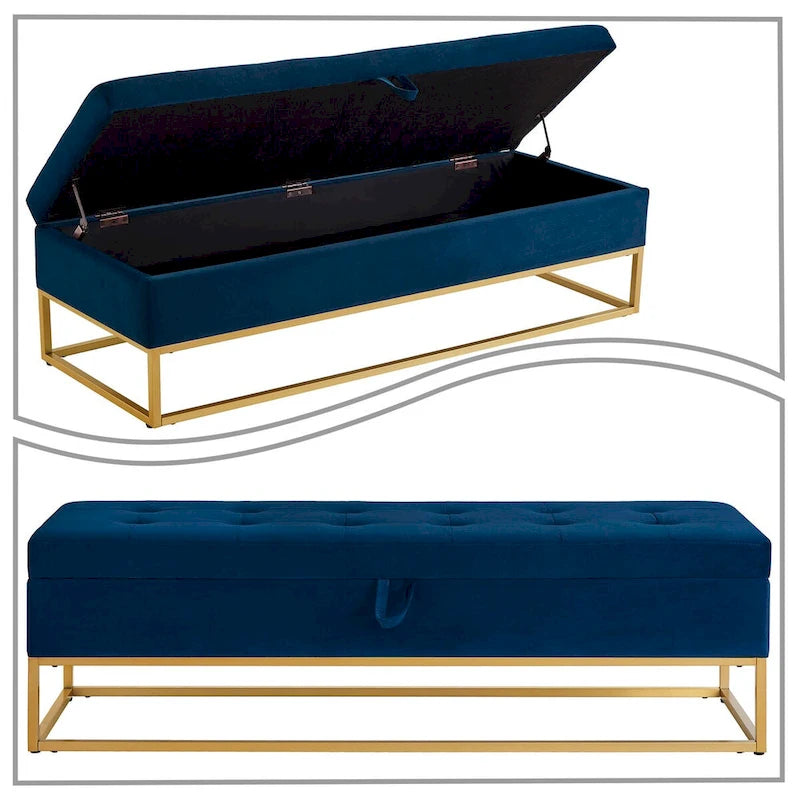 Moderner Samt-Sitzhocker mit Stauraum, aufklappbarer Sitzfläche und Metallgestell