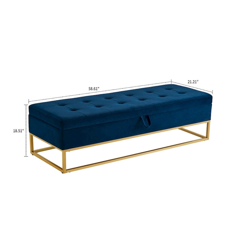 Moderner Samt-Sitzhocker mit Stauraum, aufklappbarer Sitzfläche und Metallgestell