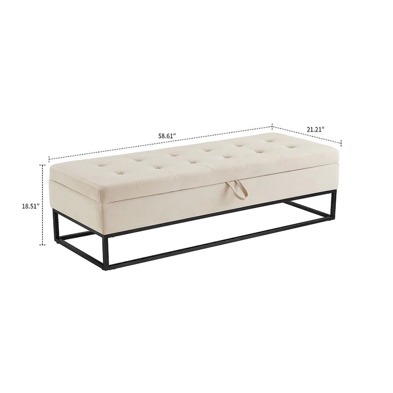 Moderner Samt-Sitzhocker mit Stauraum, aufklappbarer Sitzfläche und Metallgestell