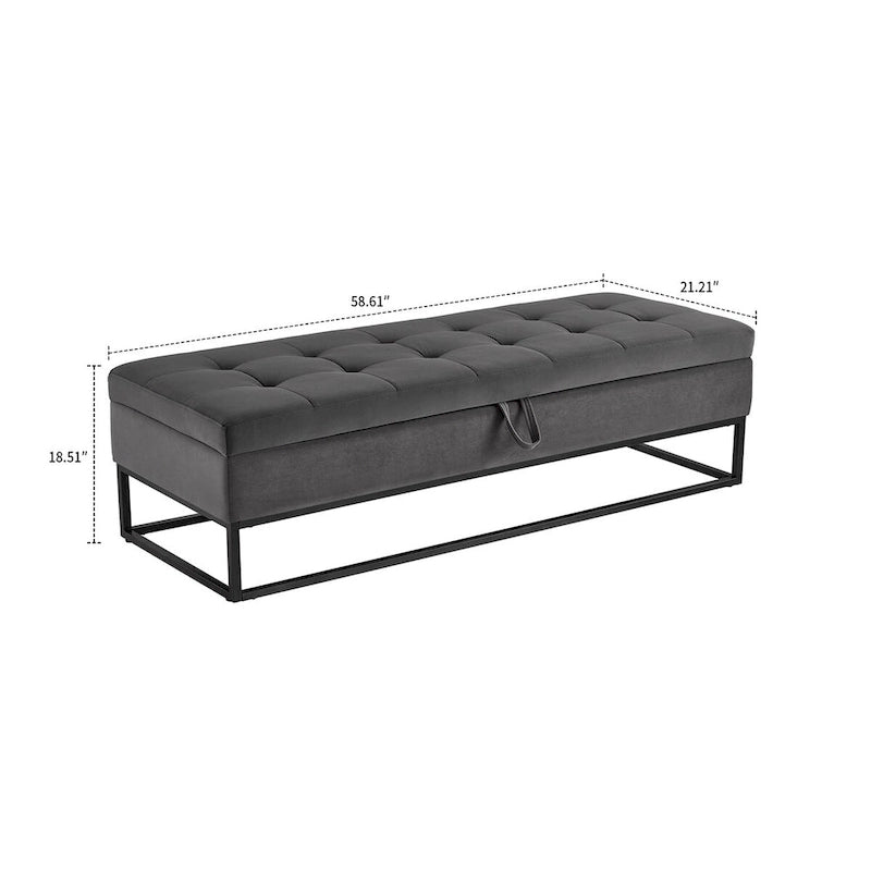 Moderner Samt-Sitzhocker mit Stauraum, aufklappbarer Sitzfläche und Metallgestell
