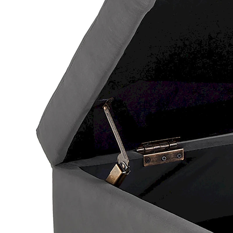 Moderner Samt-Sitzhocker mit Stauraum, aufklappbarer Sitzfläche und Metallgestell