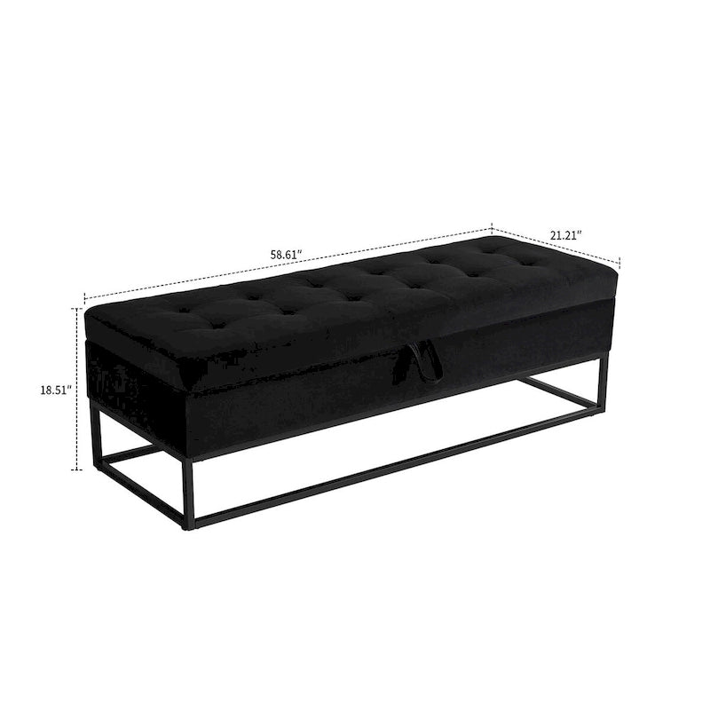 Moderner Samt-Sitzhocker mit Stauraum, aufklappbarer Sitzfläche und Metallgestell