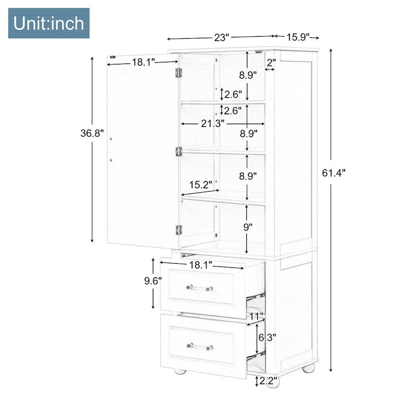 Tall Freestanding Bathroom Storage Cabinet with 2 Drawers