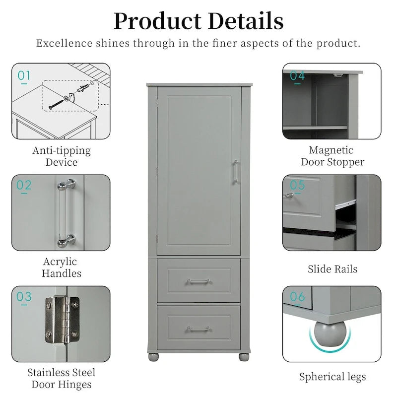Tall Freestanding Bathroom Storage Cabinet with 2 Drawers